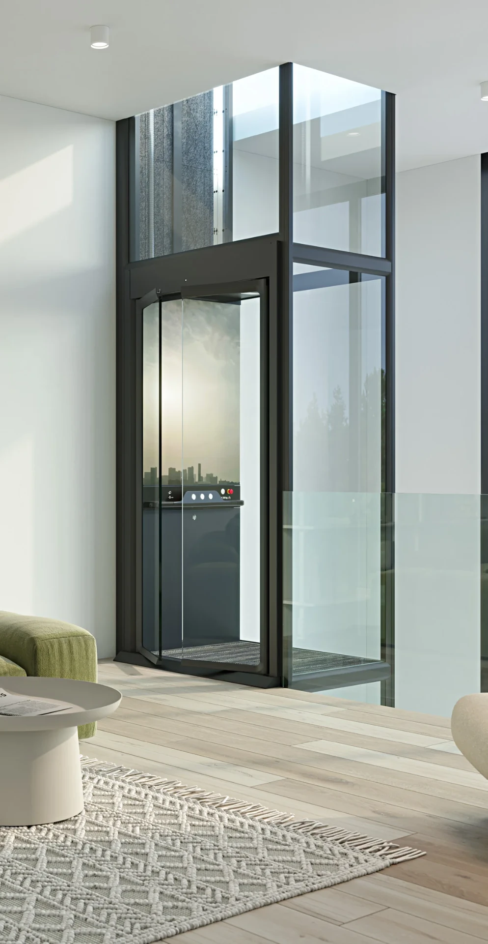 An Aritco HomeLift Compact with a dark frame, glass shaft and glass doors in a bright living room beside a glass balustrade