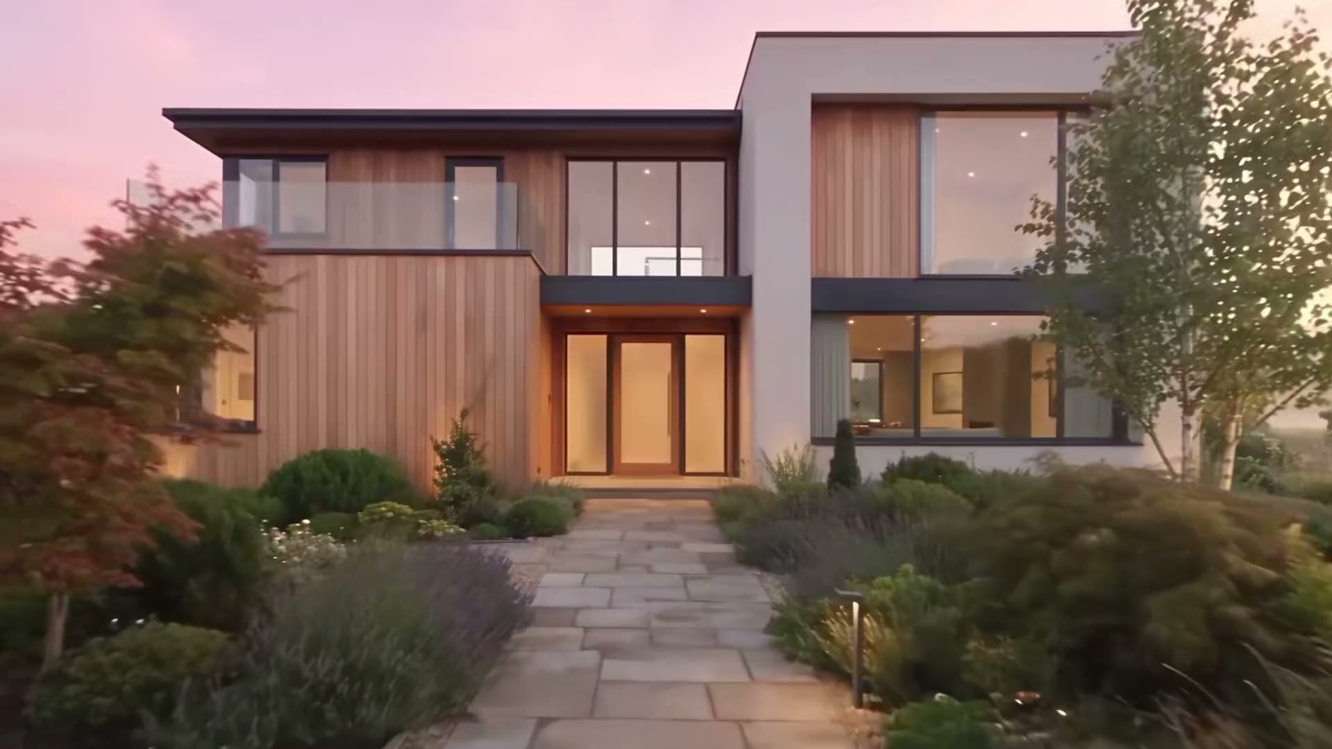 Contemporary house exterior at dusk with warm interior lighting