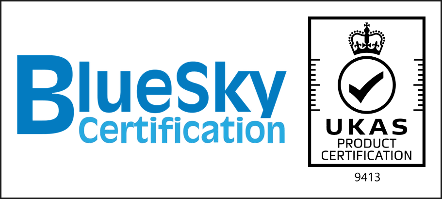 Bluesky Certification logo beside the UKAS Product Certification mark, accreditation number 9413
