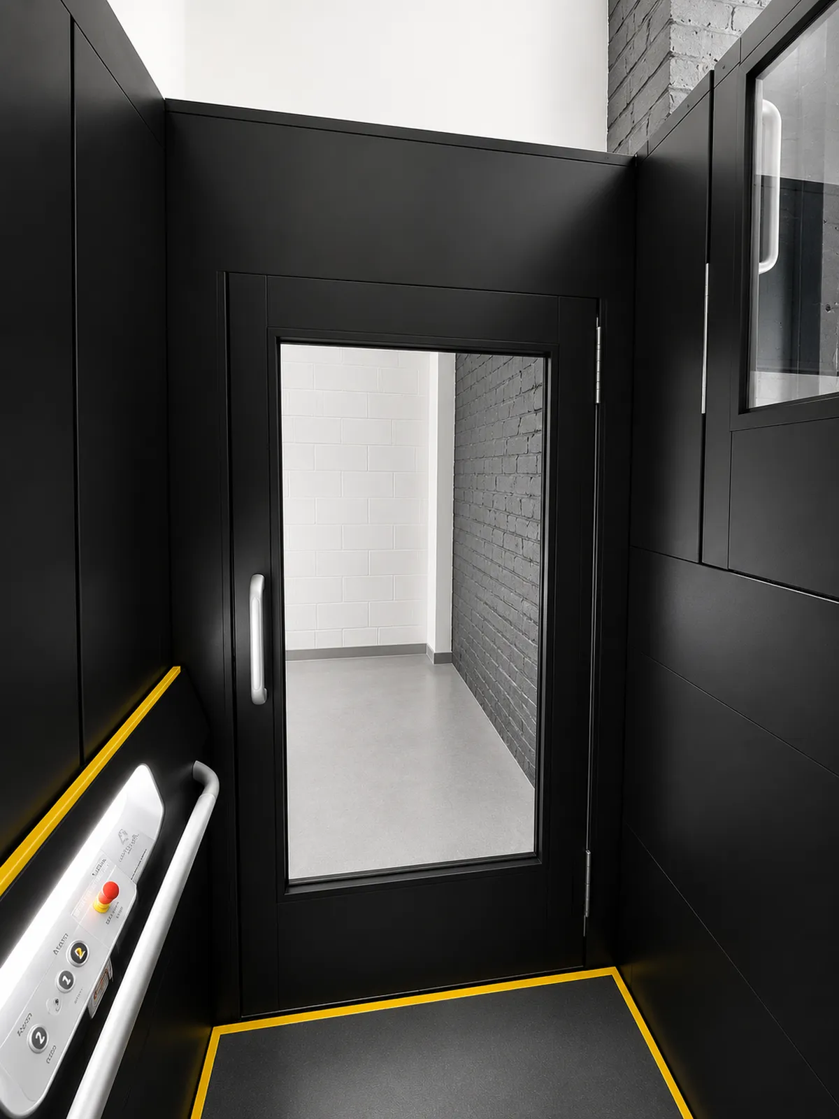 The open landing door and lift platform
