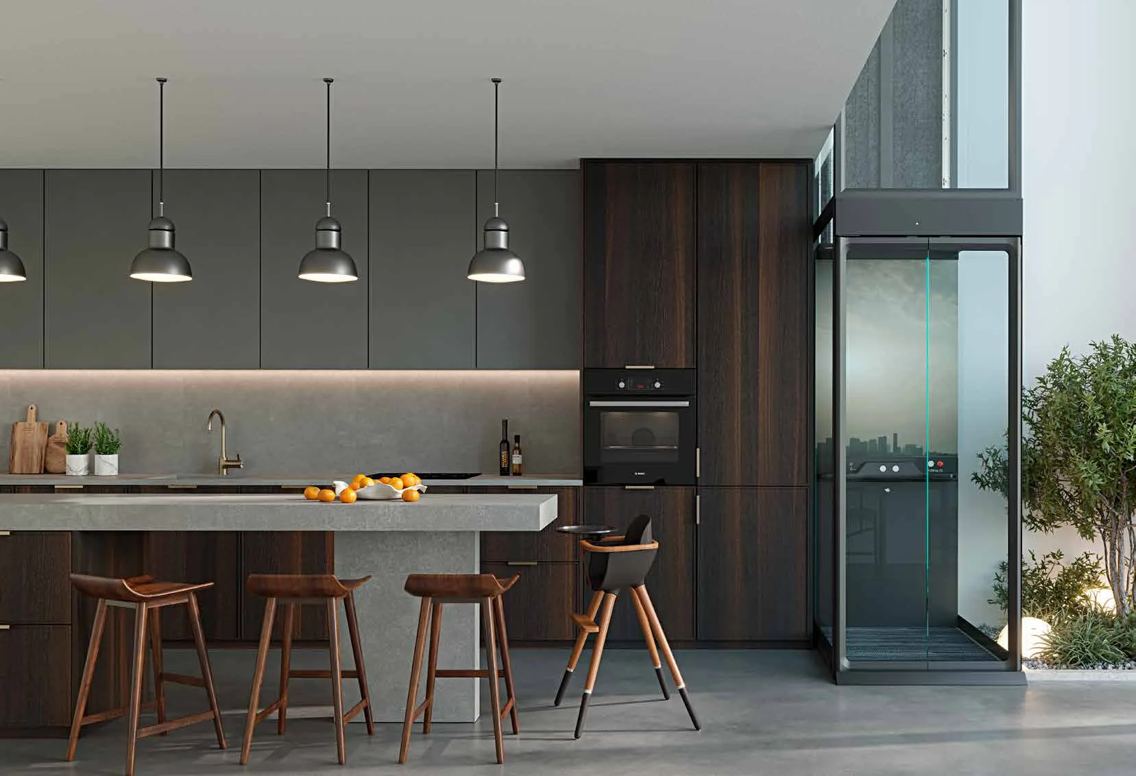A glass home lift with a dark frame built into the corner of a modern kitchen, beside tall timber units and an indoor planter