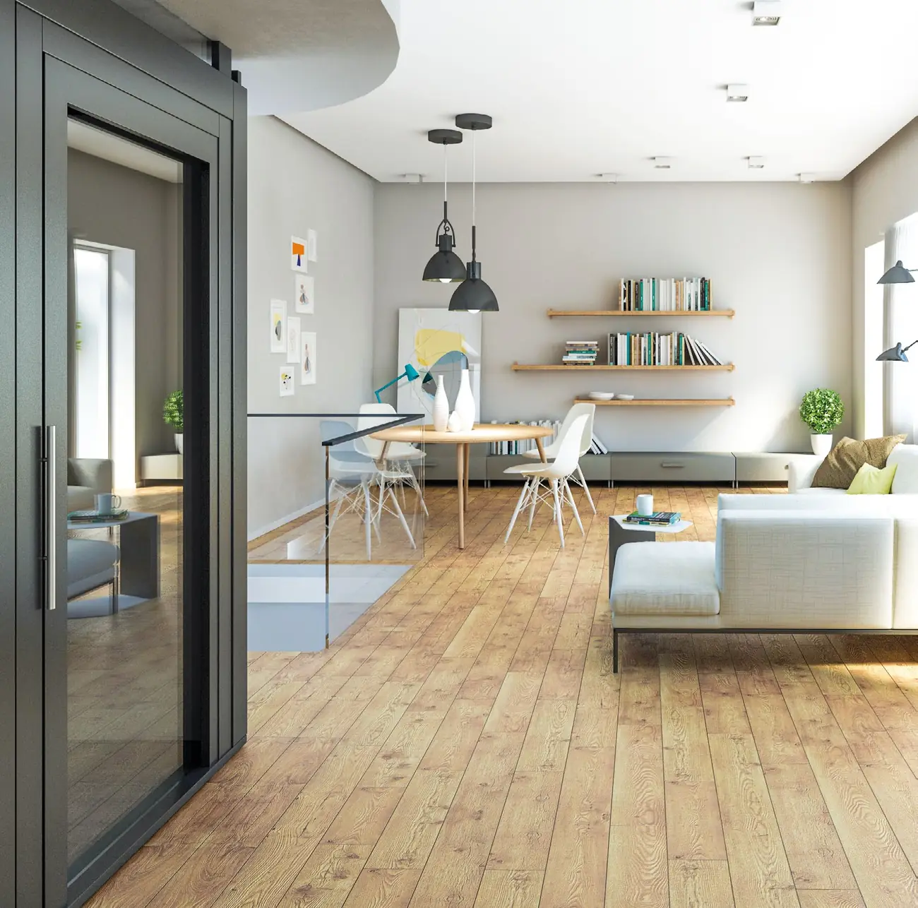 A lift with a dark grey frame and a full-height glazed door, beside a bright living and dining room with a timber floor
