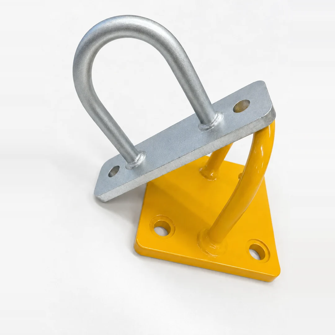 Illustration of two ceiling lifting loops: a galvanised steel loop on a two-hole plate, resting on a yellow loop with a four-hole base plate