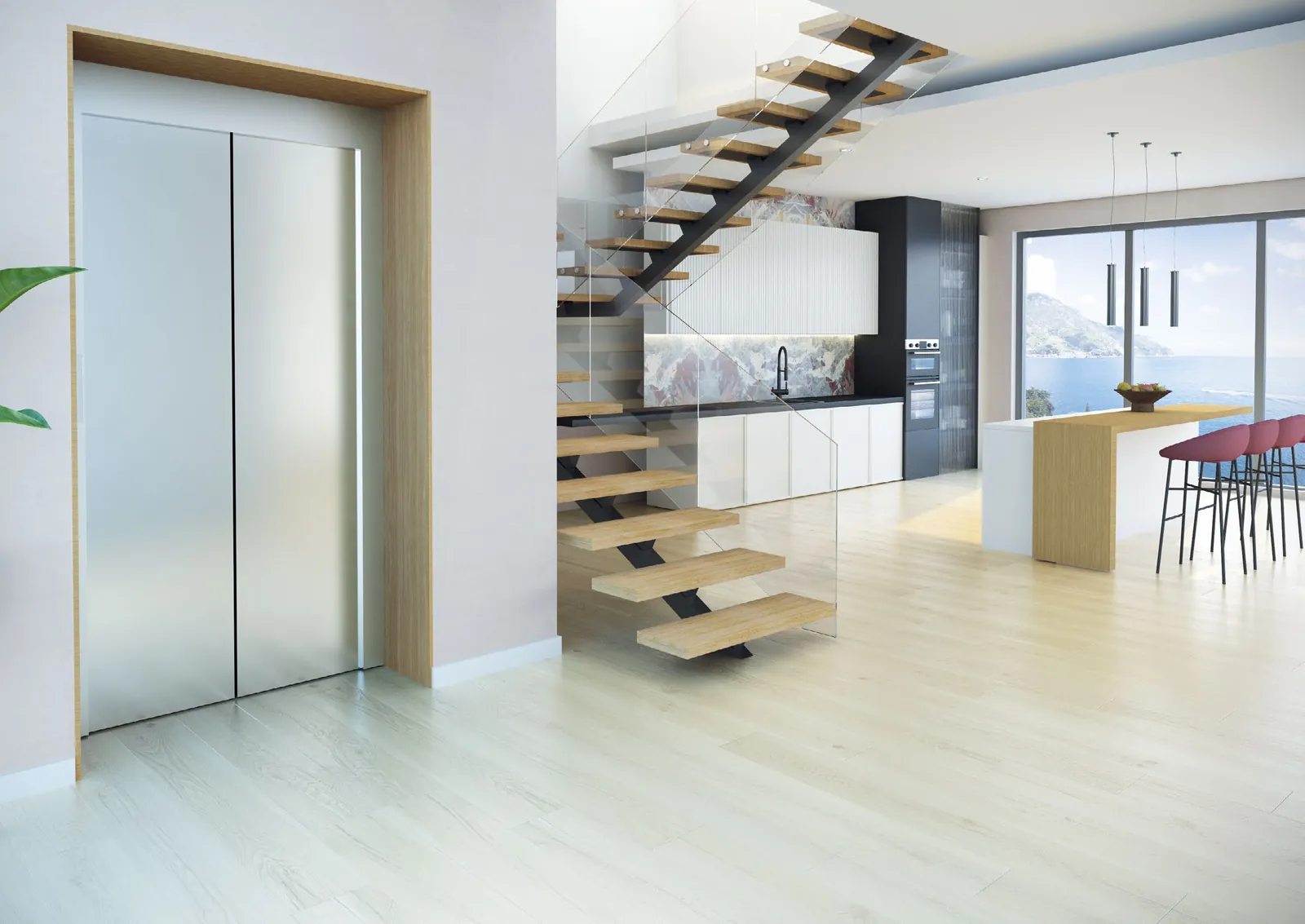 Brushed stainless steel lift doors in a timber-lined opening, beside an open-tread staircase in a bright open-plan kitchen and living space