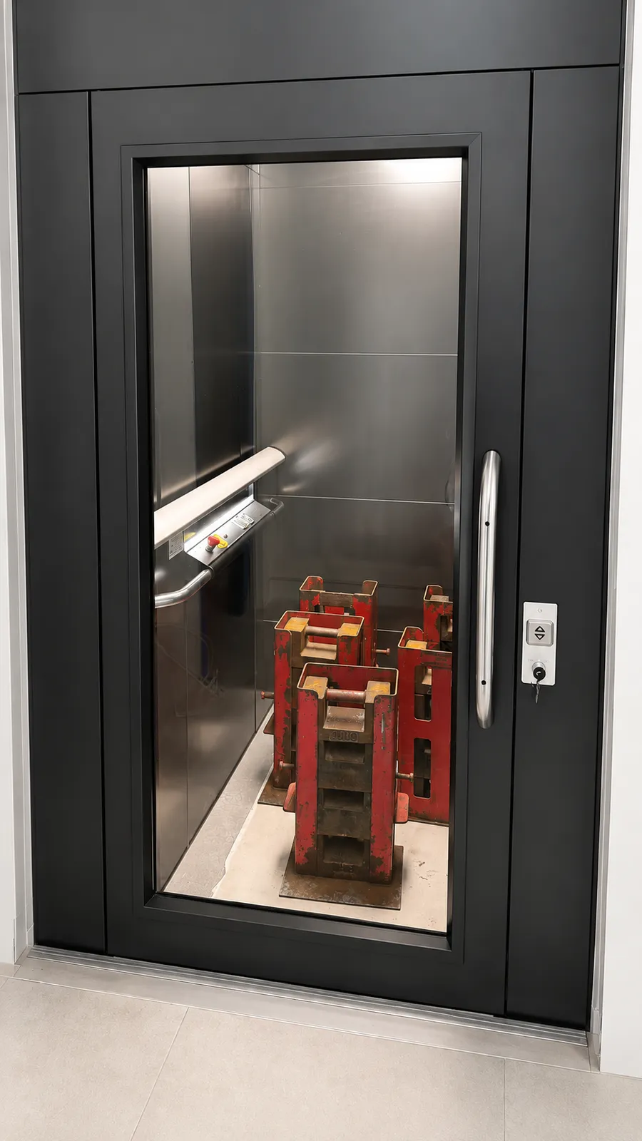 The black ILS 05K platform lift at The Foundry, with certified test weights inside during commissioning
