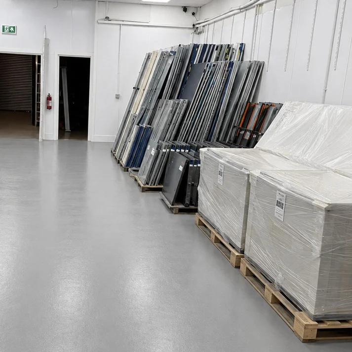 Lift panels and shrink wrapped units stored on pallets inside the Stockport storage unit